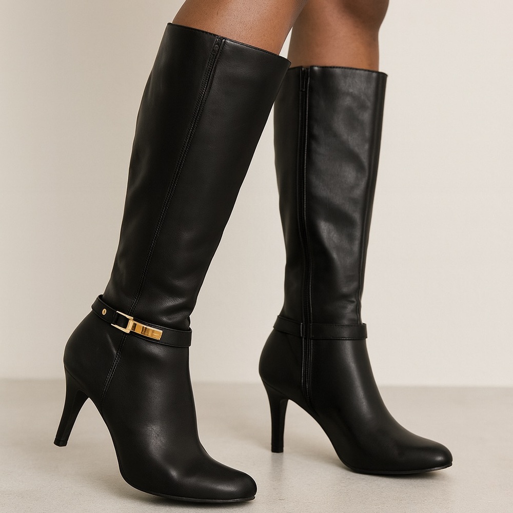 Alfani Jemsy Black Knee High Zip Up Boots Metal Buckle Size 7.5 EUC